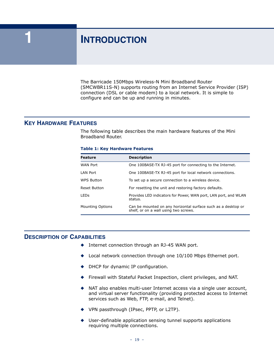 Introduction, Key hardware features, Description of capabilities | Ntroduction, Table 1: key hardware features | SMC Networks SMCWBR11S-N User Manual | Page 19 / 137