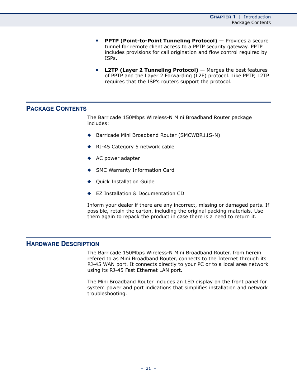 Package contents, Hardware description | SMC Networks SMCWBR11S-N User Manual | Page 21 / 137