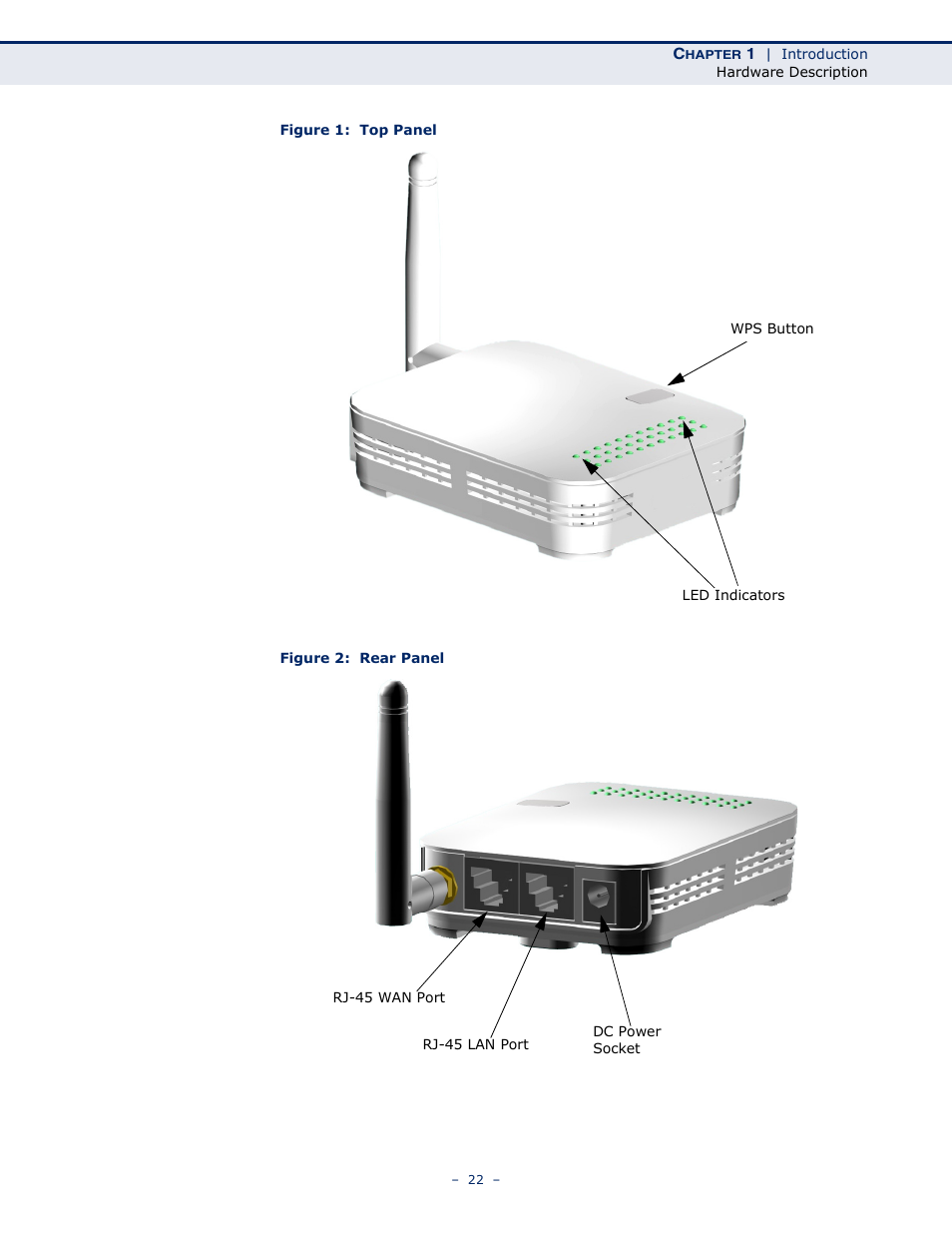 Figure 1: top panel, Figure 2: rear panel | SMC Networks SMCWBR11S-N User Manual | Page 22 / 137