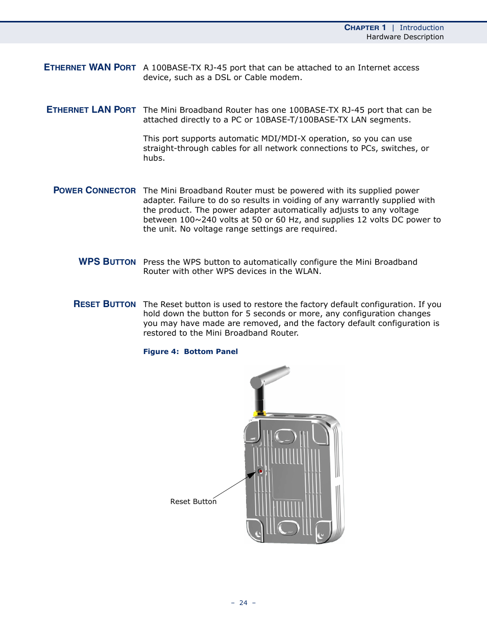 Ethernet wan port, Ethernet lan port, Power connector | Wps button, Reset button, Figure 4: bottom panel | SMC Networks SMCWBR11S-N User Manual | Page 24 / 137