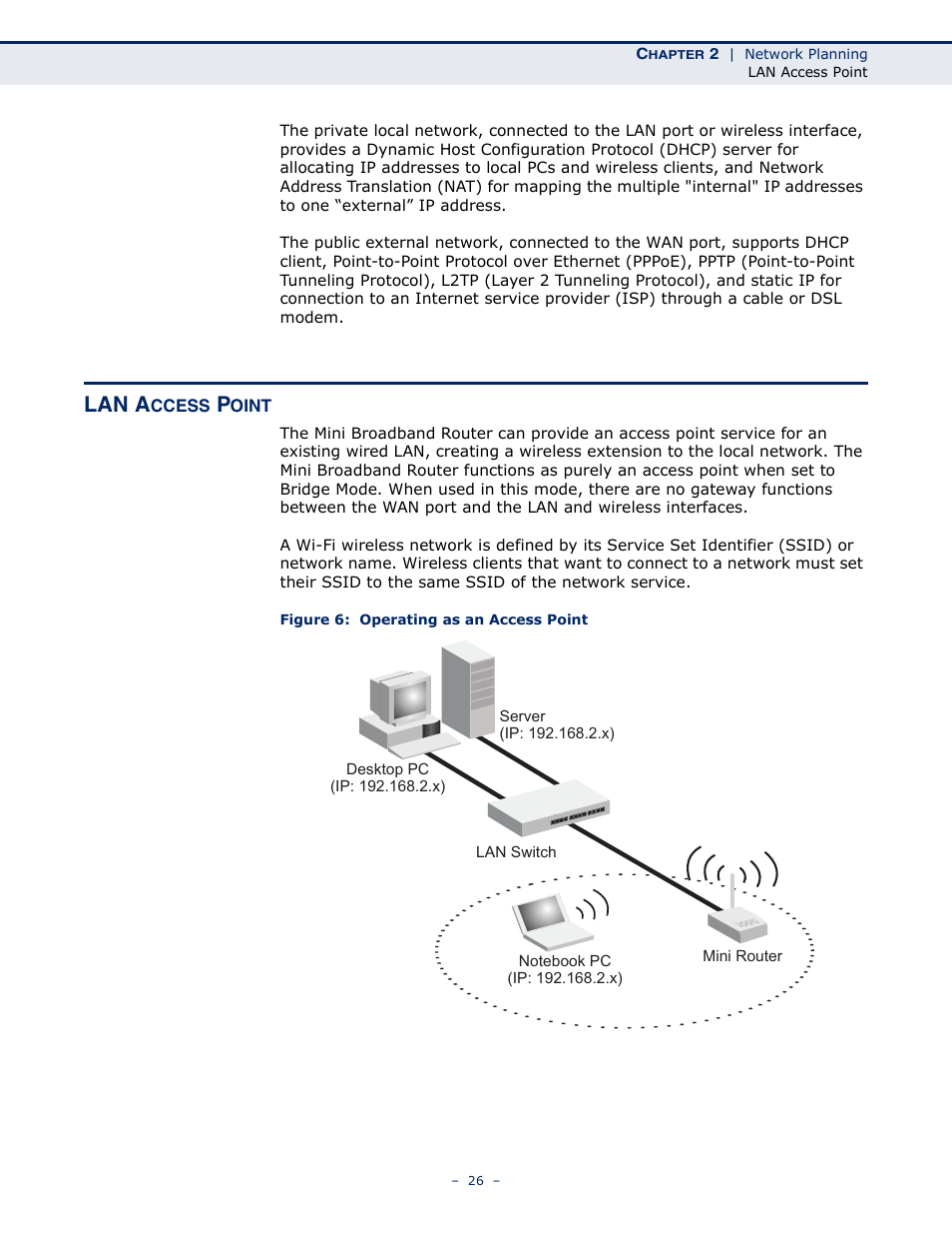 Lan access point, Figure 6: operating as an access point, Lan a | SMC Networks SMCWBR11S-N User Manual | Page 26 / 137