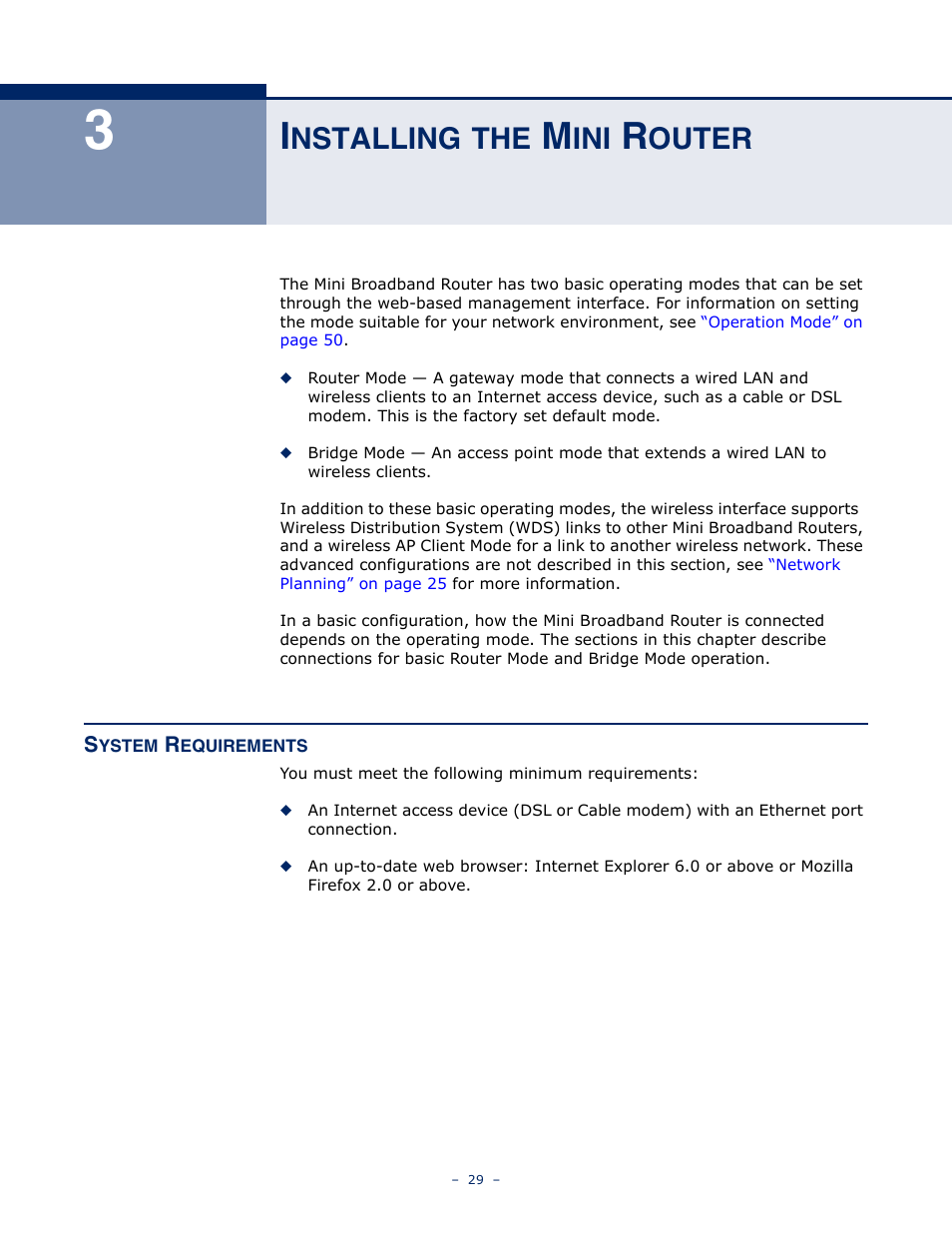 Installing the mini router, System requirements, Nstalling | Outer | SMC Networks SMCWBR11S-N User Manual | Page 29 / 137