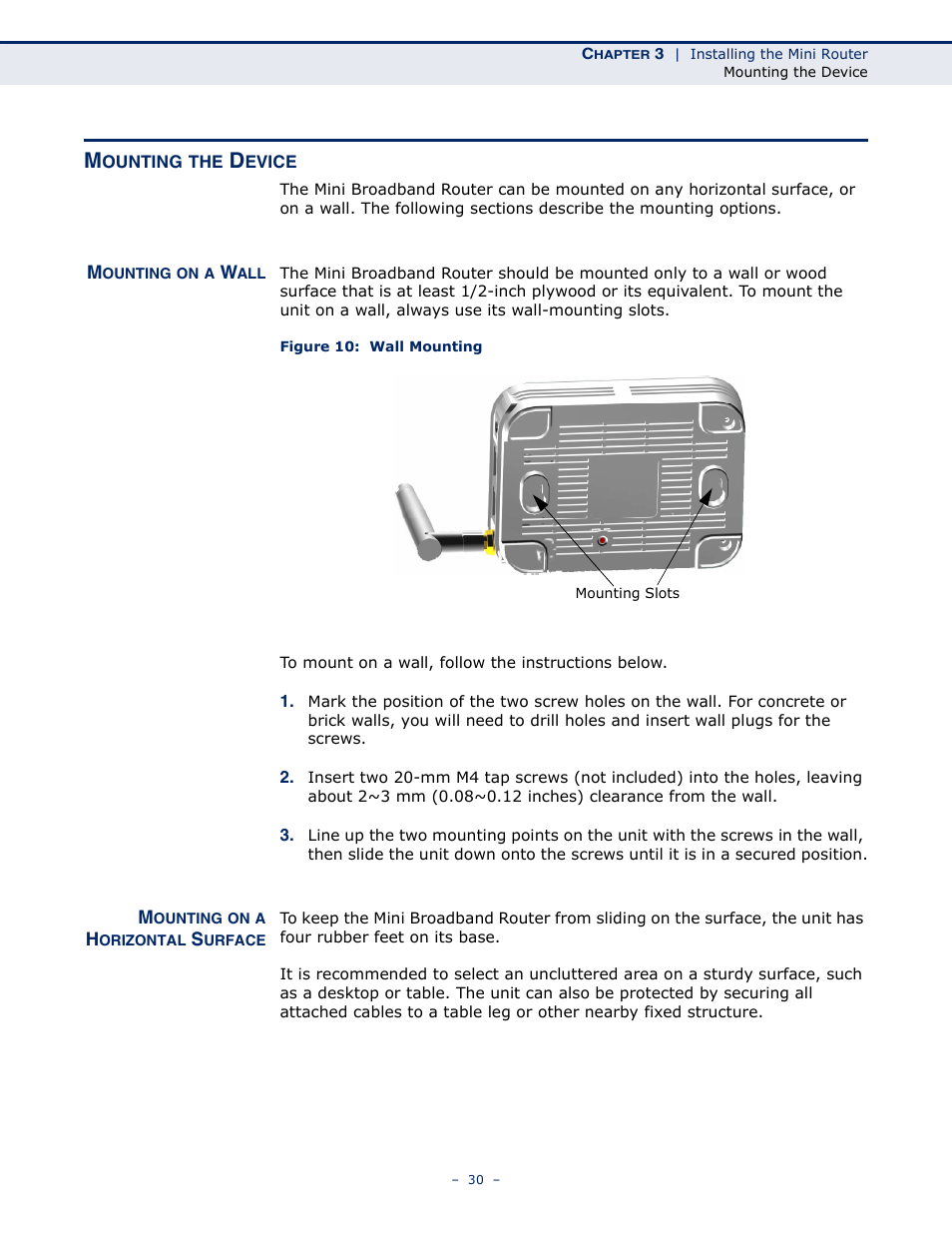 Mounting the device, Mounting on a wall, Mounting on a horizontal surface | Figure 10: wall mounting | SMC Networks SMCWBR11S-N User Manual | Page 30 / 137