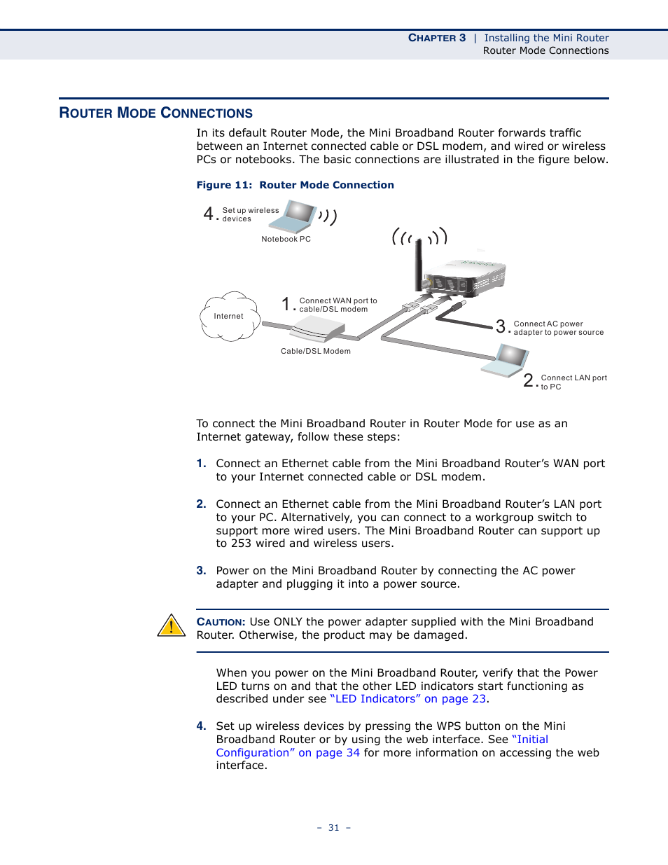 Router mode connections, Figure 11: router mode connection | SMC Networks SMCWBR11S-N User Manual | Page 31 / 137