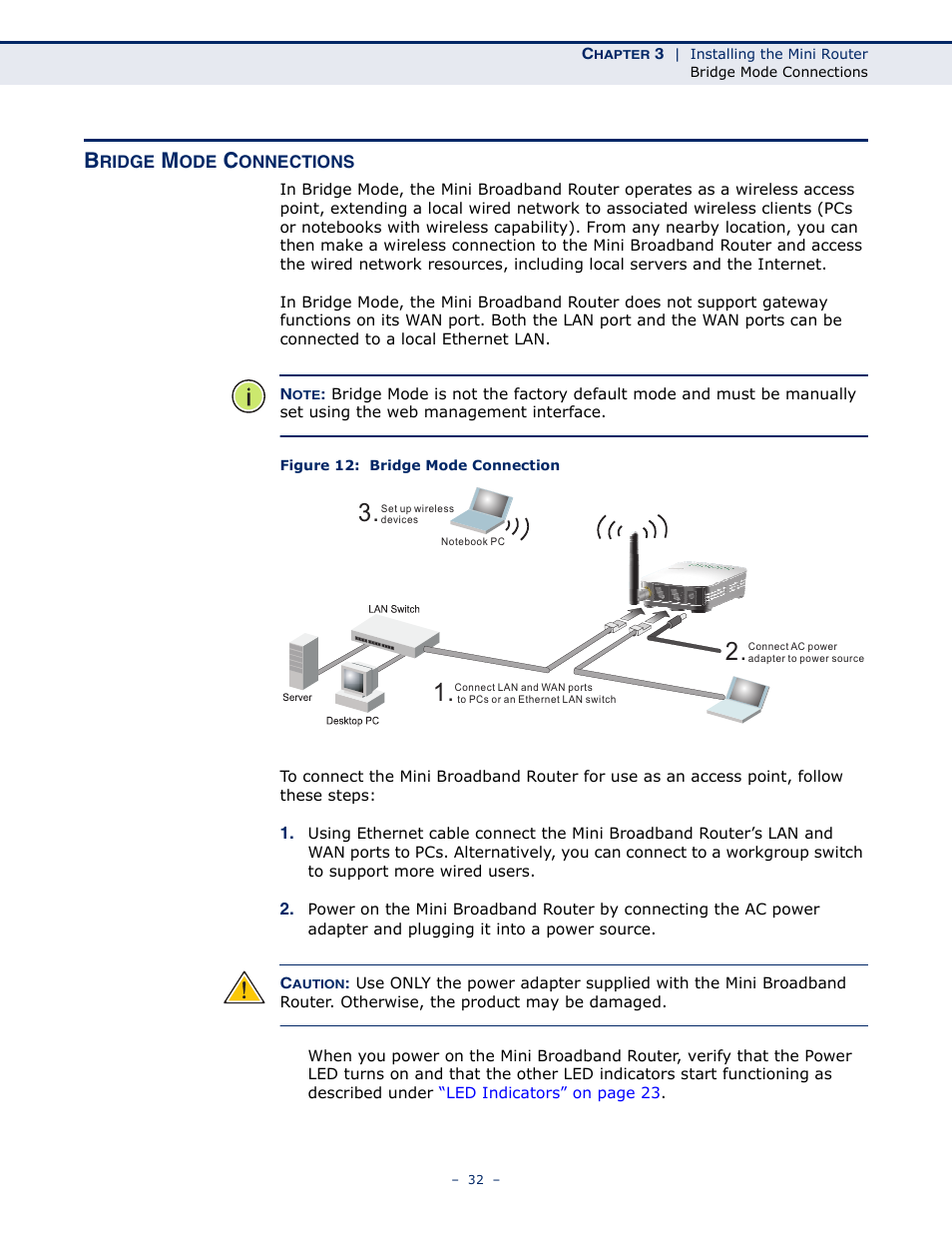 Bridge mode connections, Figure 12: bridge mode connection | SMC Networks SMCWBR11S-N User Manual | Page 32 / 137