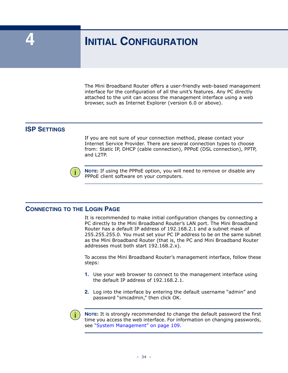 Initial configuration, Isp settings, Nitial | Onfiguration | SMC Networks SMCWBR11S-N User Manual | Page 34 / 137