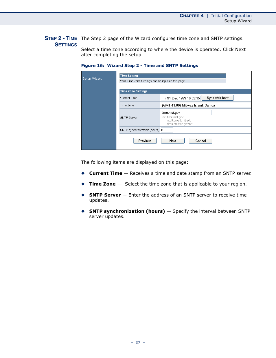 Step 2 - time settings, Figure 16: wizard step 2 - time and sntp settings | SMC Networks SMCWBR11S-N User Manual | Page 37 / 137