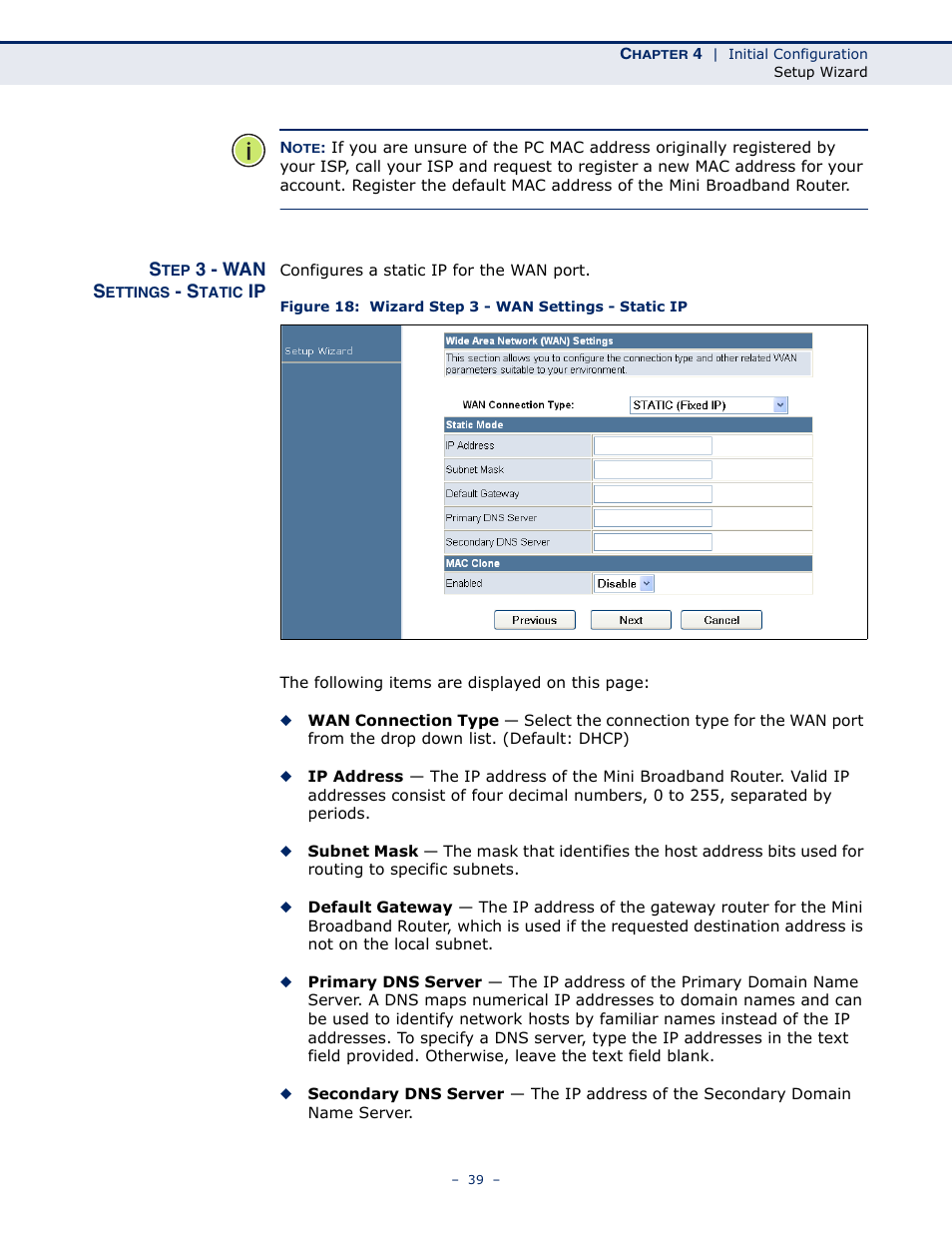 Step 3 - wan settings - static ip | SMC Networks SMCWBR11S-N User Manual | Page 39 / 137