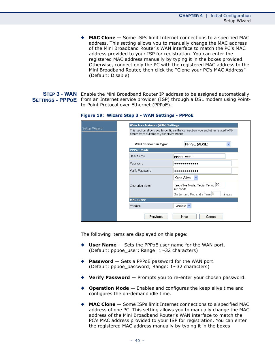 Step 3 - wan settings - pppoe, Figure 19: wizard step 3 - wan settings - pppoe | SMC Networks SMCWBR11S-N User Manual | Page 40 / 137