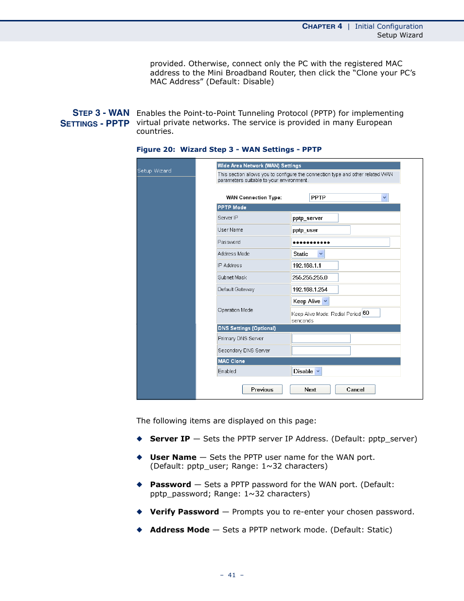 Step 3 - wan settings - pptp, Figure 20: wizard step 3 - wan settings - pptp | SMC Networks SMCWBR11S-N User Manual | Page 41 / 137