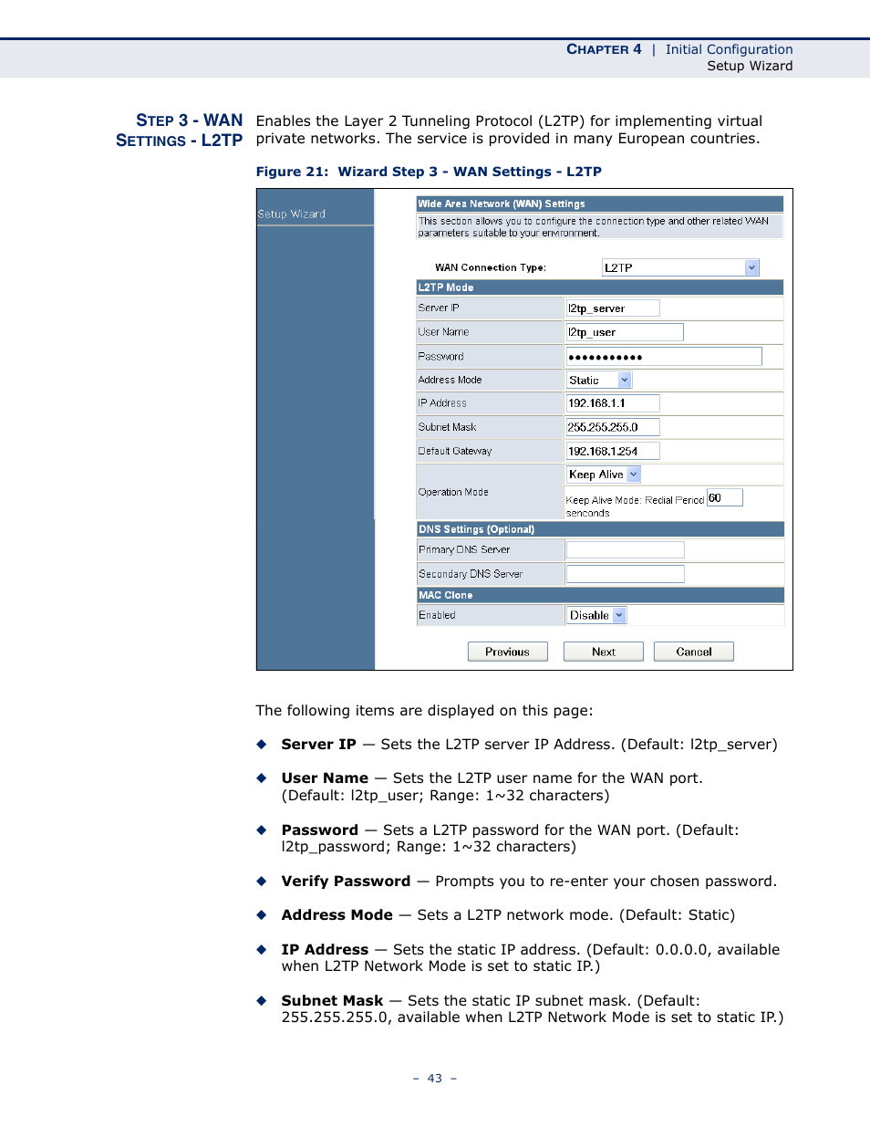 Step 3 - wan settings - l2tp, Figure 21: wizard step 3 - wan settings - l2tp | SMC Networks SMCWBR11S-N User Manual | Page 43 / 137