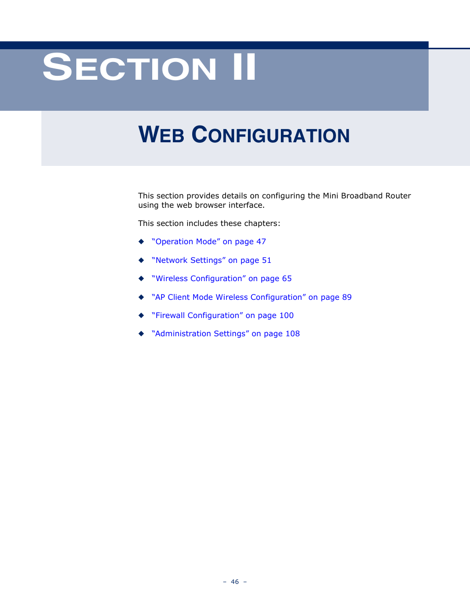 Web configuration, Ection, Onfiguration | SMC Networks SMCWBR11S-N User Manual | Page 46 / 137