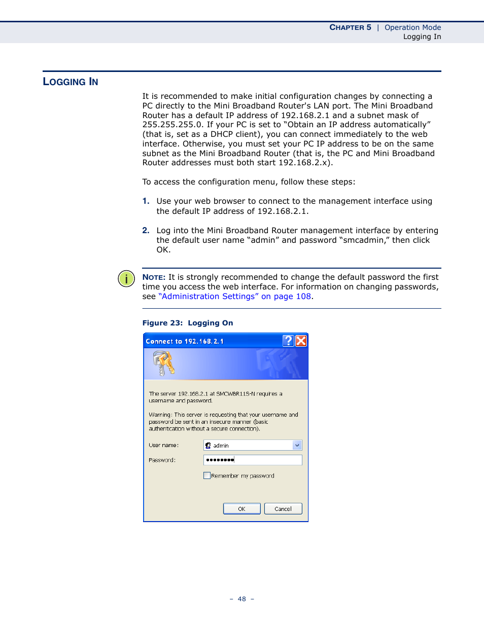 Logging in, Figure 23: logging on | SMC Networks SMCWBR11S-N User Manual | Page 48 / 137