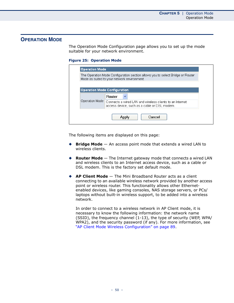 Operation mode, Figure 25: operation mode, Operation mode” on | SMC Networks SMCWBR11S-N User Manual | Page 50 / 137