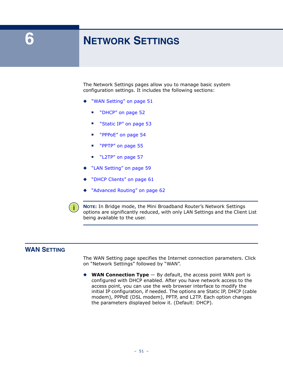 Network settings, Wan setting, Etwork | Ettings, Wan s | SMC Networks SMCWBR11S-N User Manual | Page 51 / 137