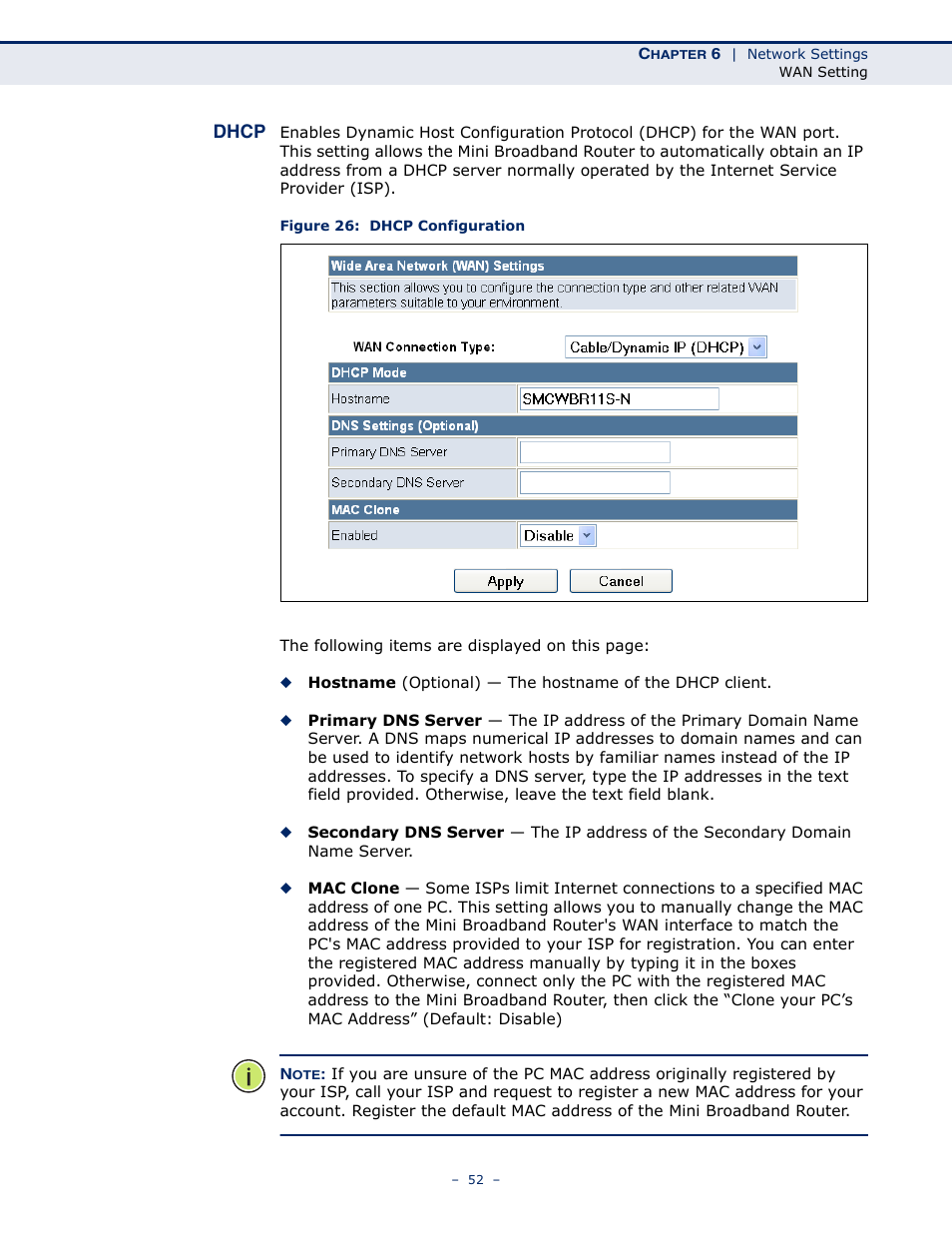 Dhcp, Dhcp 52, Figure 26: dhcp configuration | SMC Networks SMCWBR11S-N User Manual | Page 52 / 137