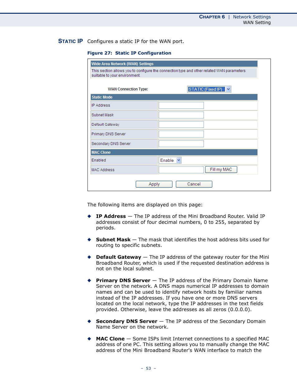 Static ip, Figure 27: static ip configuration | SMC Networks SMCWBR11S-N User Manual | Page 53 / 137