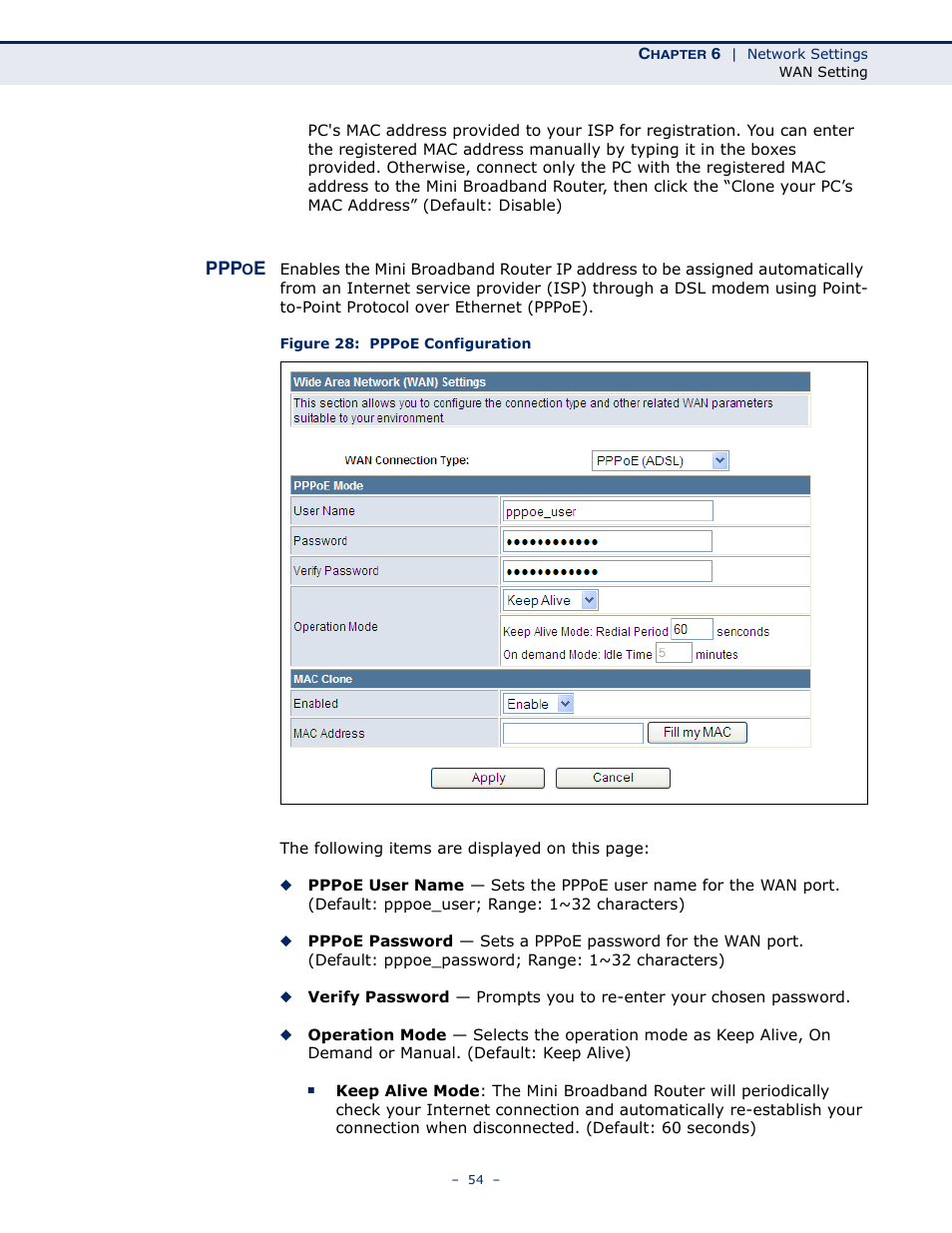 Pppoe, Pppoe 54, Figure 28: pppoe configuration | SMC Networks SMCWBR11S-N User Manual | Page 54 / 137