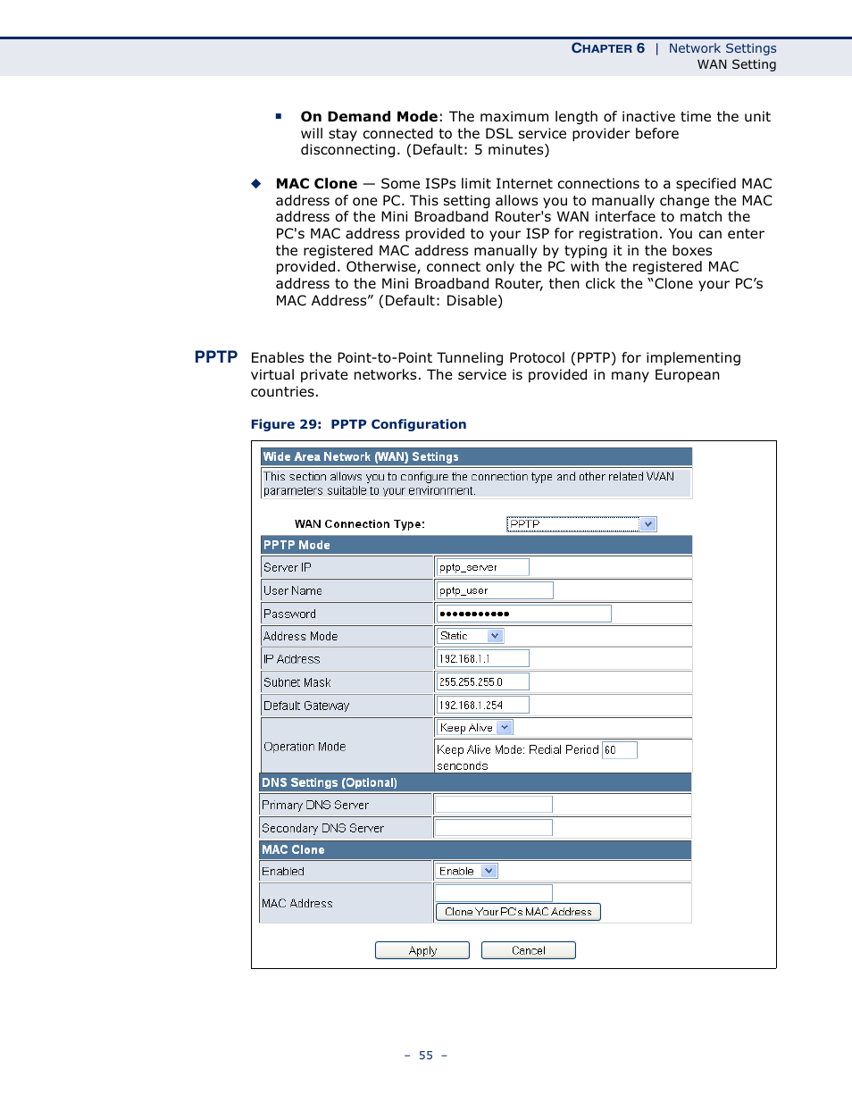 Pptp, Figure 29: pptp configuration | SMC Networks SMCWBR11S-N User Manual | Page 55 / 137