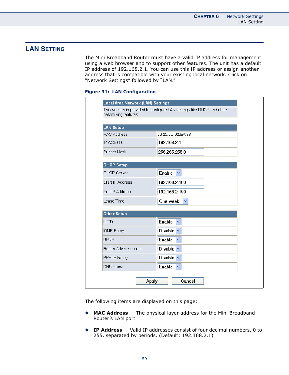 Lan setting, Figure 31: lan configuration, Lan s | SMC Networks SMCWBR11S-N User Manual | Page 59 / 137