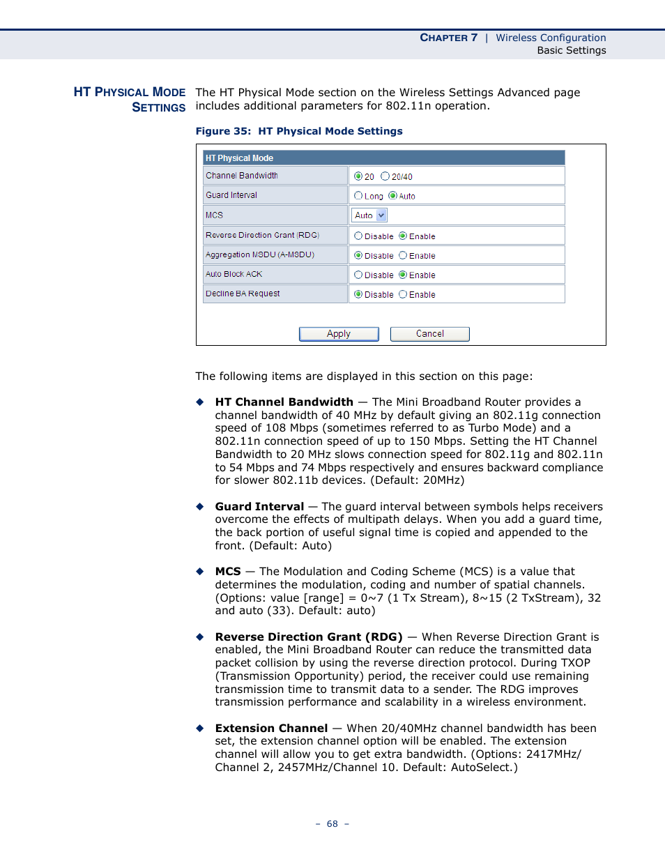 Ht physical mode settings, Figure 35: ht physical mode settings | SMC Networks SMCWBR11S-N User Manual | Page 68 / 137