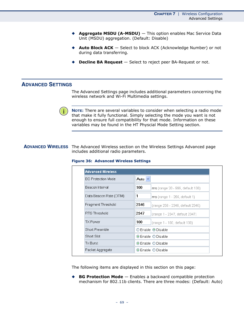 Advanced settings, Advanced wireless, Figure 36: advanced wireless settings | SMC Networks SMCWBR11S-N User Manual | Page 69 / 137