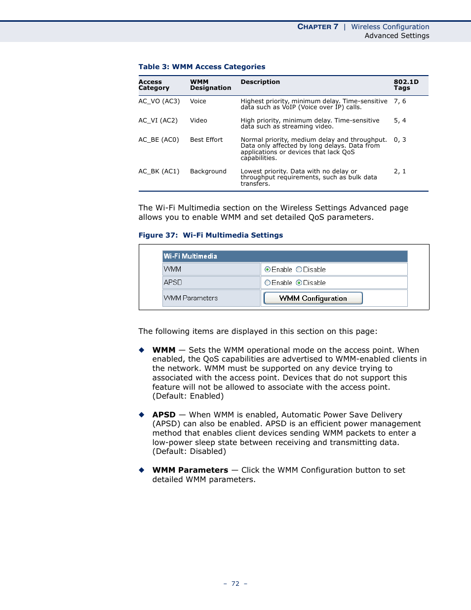 Figure 37: wi-fi multimedia settings, Table 3: wmm access categories | SMC Networks SMCWBR11S-N User Manual | Page 72 / 137