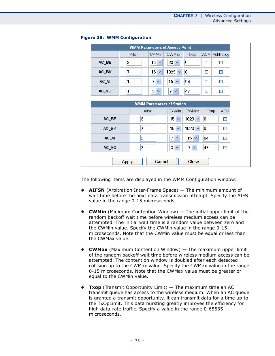 Figure 38: wmm configuration | SMC Networks SMCWBR11S-N User Manual | Page 73 / 137