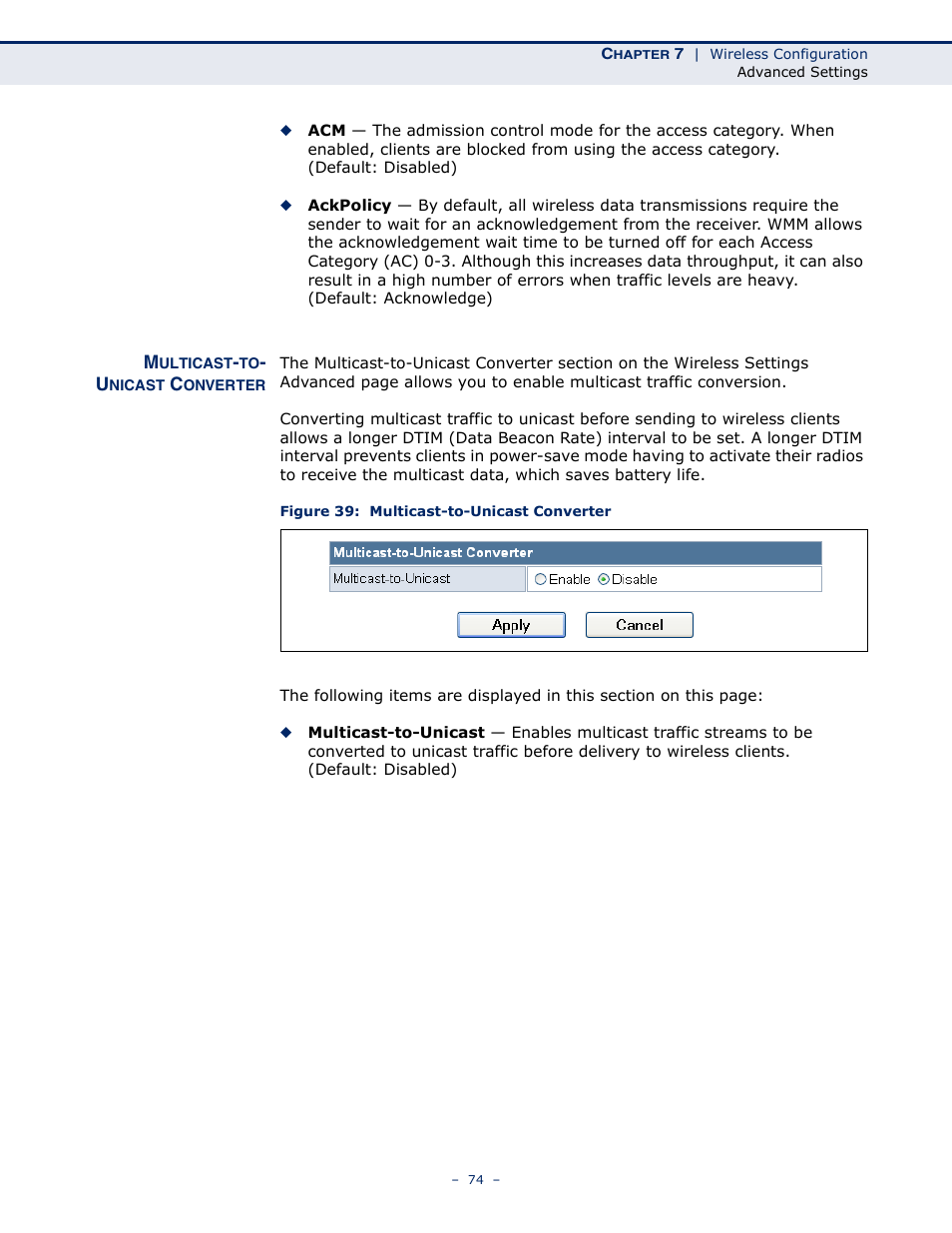 Multicast-to- unicast converter, Multicast-to-unicast converter, Figure 39: multicast-to-unicast converter | SMC Networks SMCWBR11S-N User Manual | Page 74 / 137