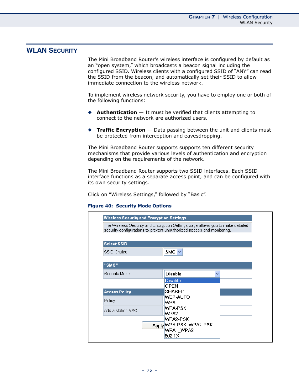 Wlan security, Figure 40: security mode options, Wlan s | SMC Networks SMCWBR11S-N User Manual | Page 75 / 137