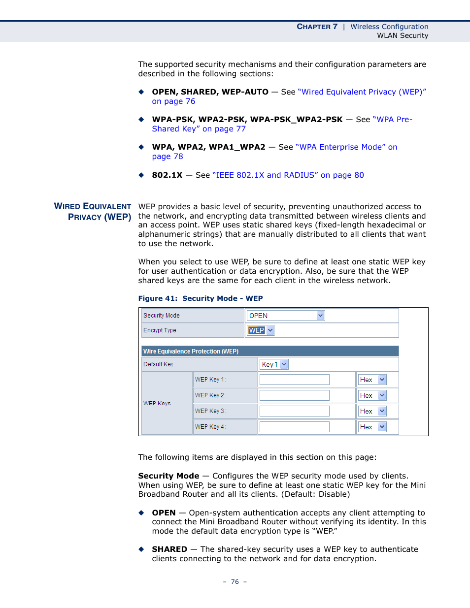 Wired equivalent privacy (wep), Figure 41: security mode - wep | SMC Networks SMCWBR11S-N User Manual | Page 76 / 137