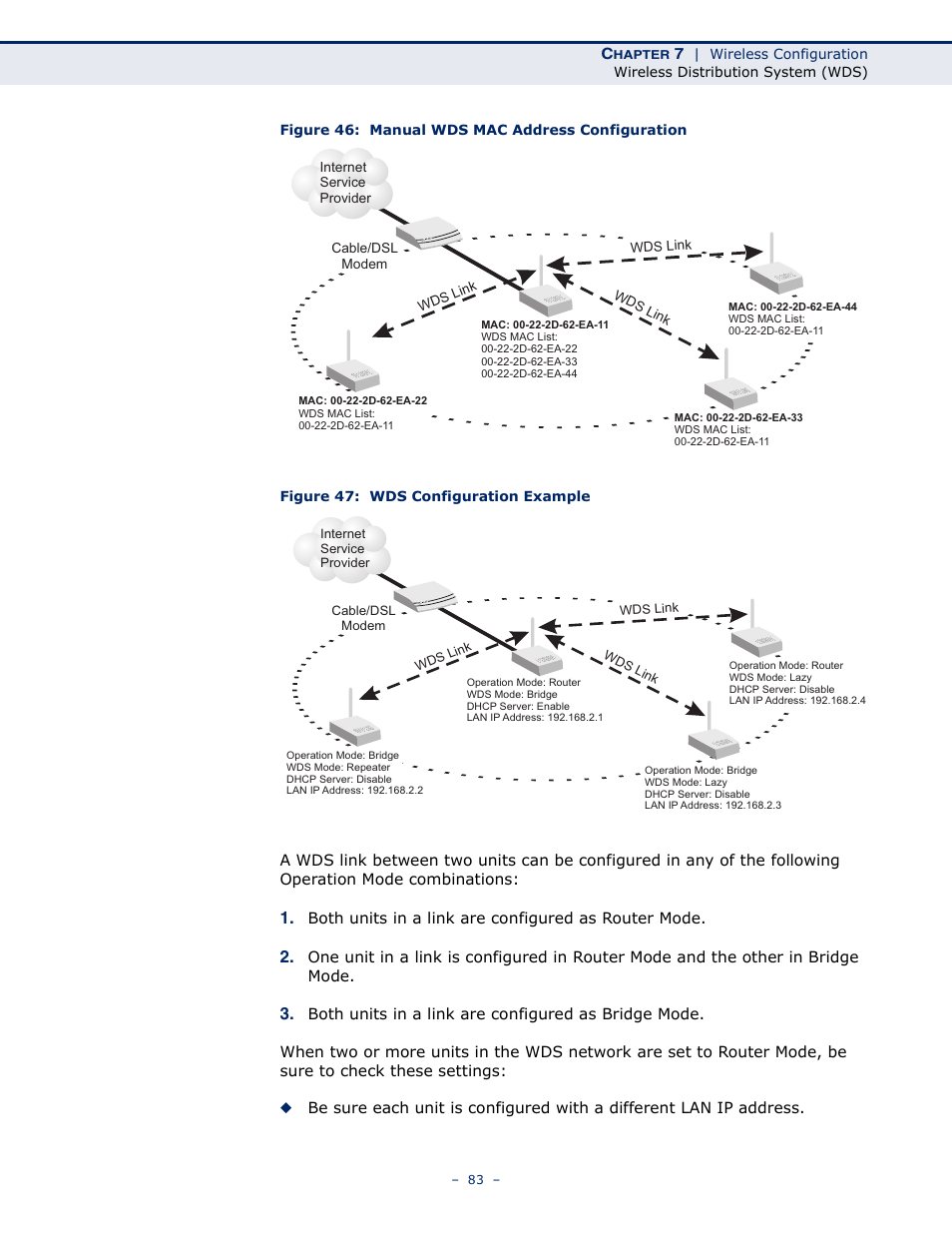 Figure 46: manual wds mac address configuration, Figure 47: wds configuration example, Figure 46 | Figure 47 | SMC Networks SMCWBR11S-N User Manual | Page 83 / 137