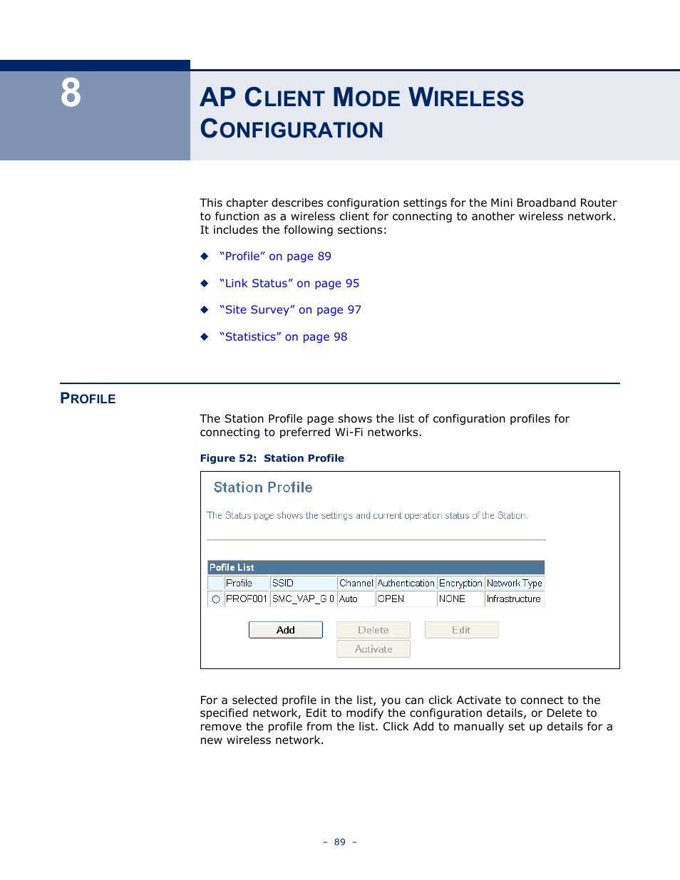 Ap client mode wireless configuration, Profile, 8 ap c | Lient, Ireless, Onfiguration, Figure 52: station profile, Ap c | SMC Networks SMCWBR11S-N User Manual | Page 89 / 137