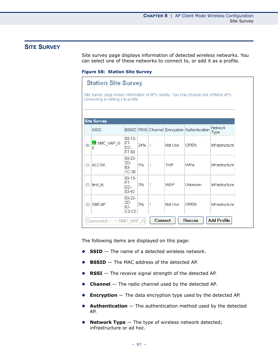 Site survey, Figure 58: station site survey | SMC Networks SMCWBR11S-N User Manual | Page 97 / 137