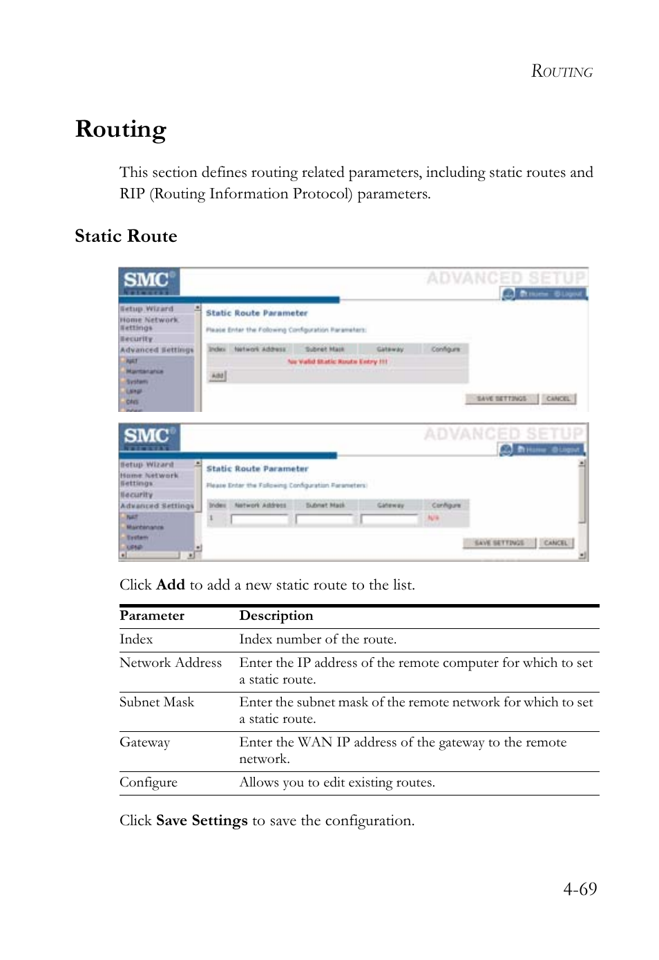 Routing, Static route | SMC Networks SMCWBR14-G2 User Manual | Page 115 / 132