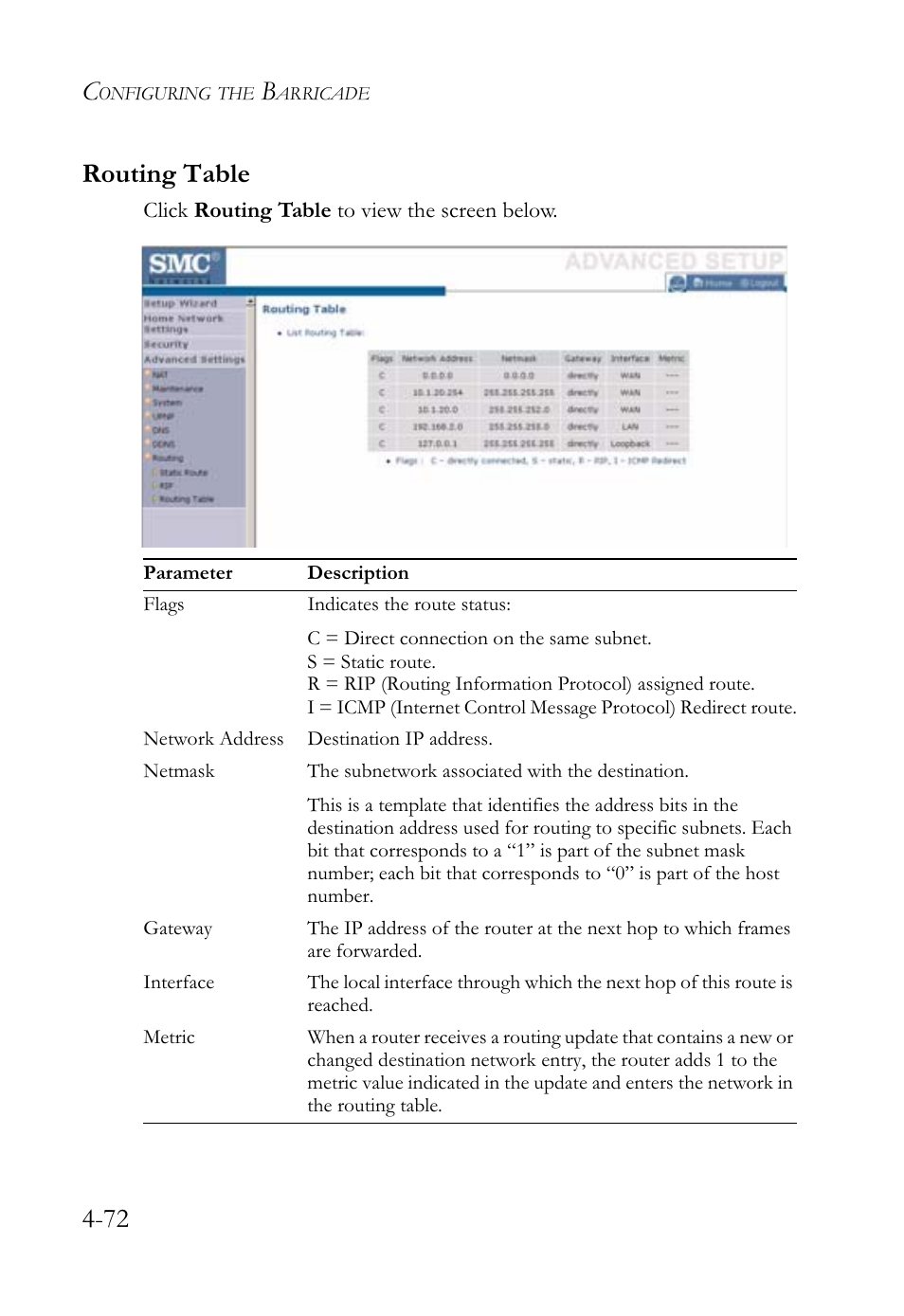 72 routing table | SMC Networks SMCWBR14-G2 User Manual | Page 118 / 132