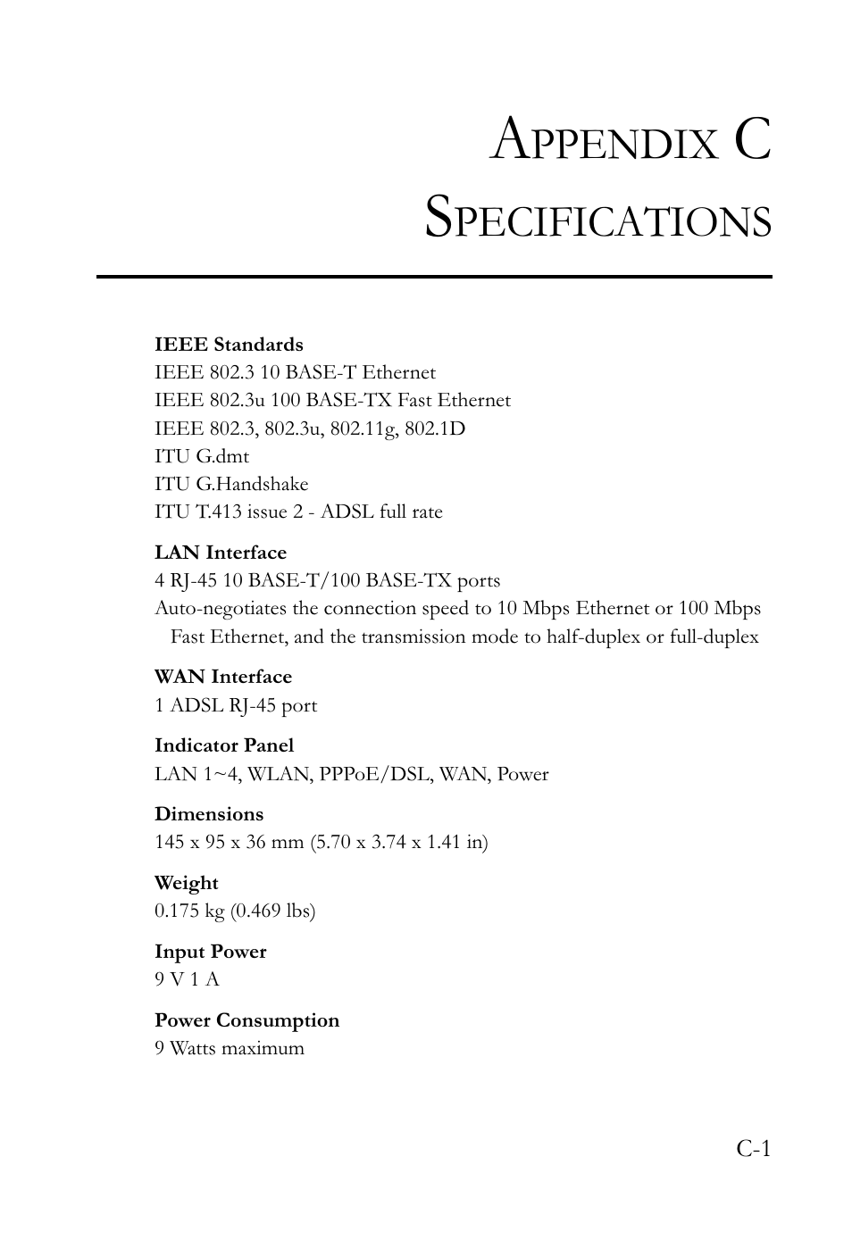 Ppendix, Pecifications | SMC Networks SMCWBR14-G2 User Manual | Page 127 / 132