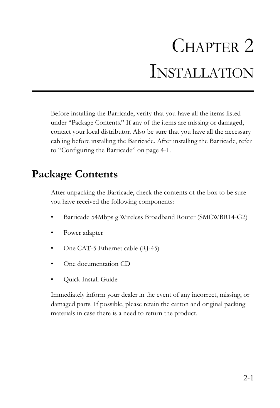 Hapter, Nstallation, Package contents | SMC Networks SMCWBR14-G2 User Manual | Page 21 / 132