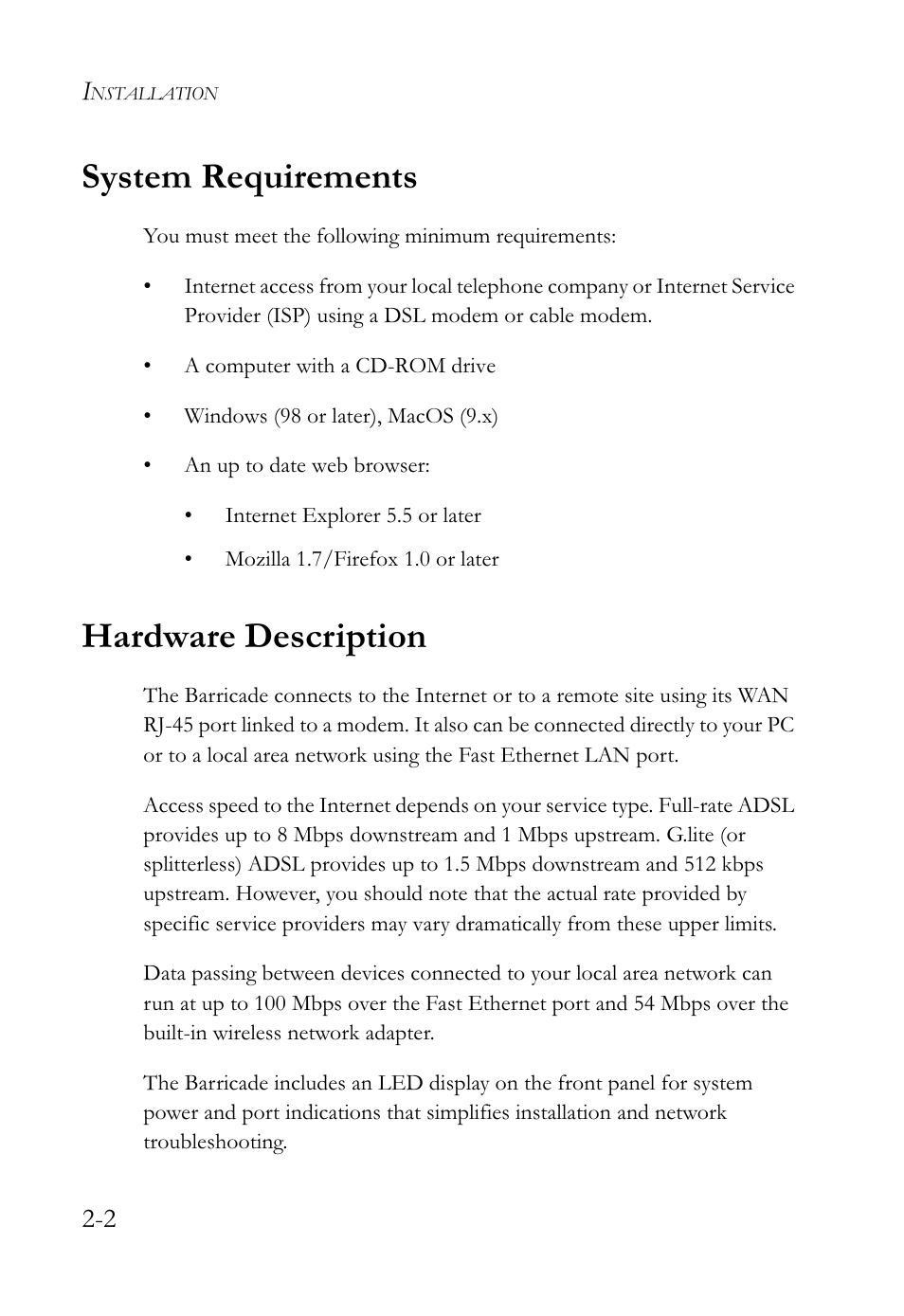 System requirements, Hardware description | SMC Networks SMCWBR14-G2 User Manual | Page 22 / 132