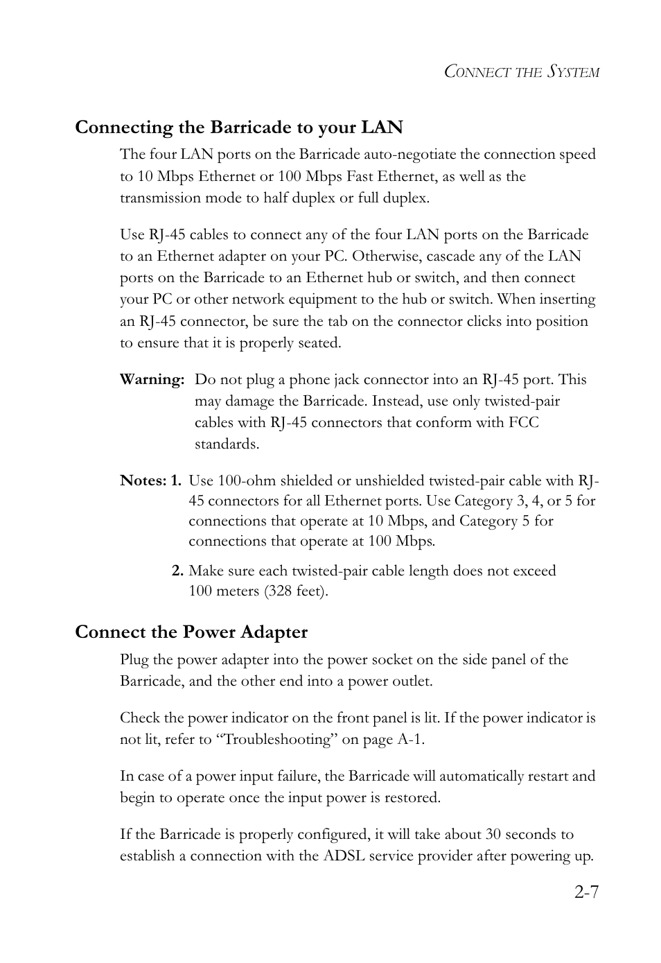 7 connecting the barricade to your lan, Connect the power adapter | SMC Networks SMCWBR14-G2 User Manual | Page 27 / 132