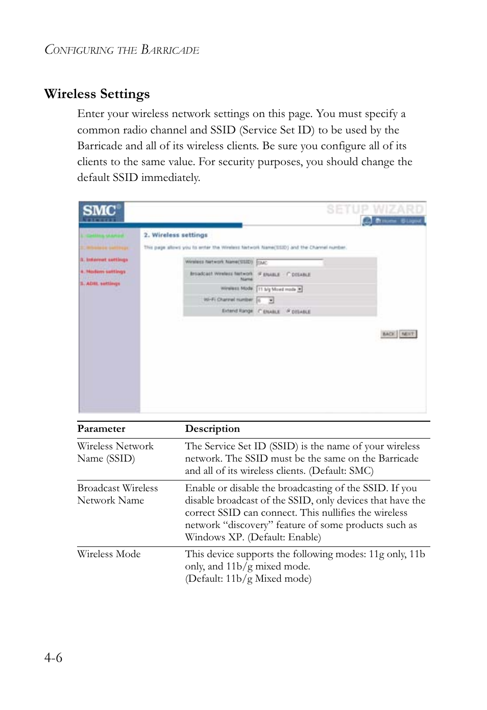 6 wireless settings | SMC Networks SMCWBR14-G2 User Manual | Page 52 / 132