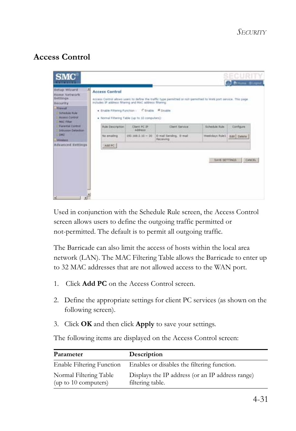 31 access control | SMC Networks SMCWBR14-G2 User Manual | Page 77 / 132