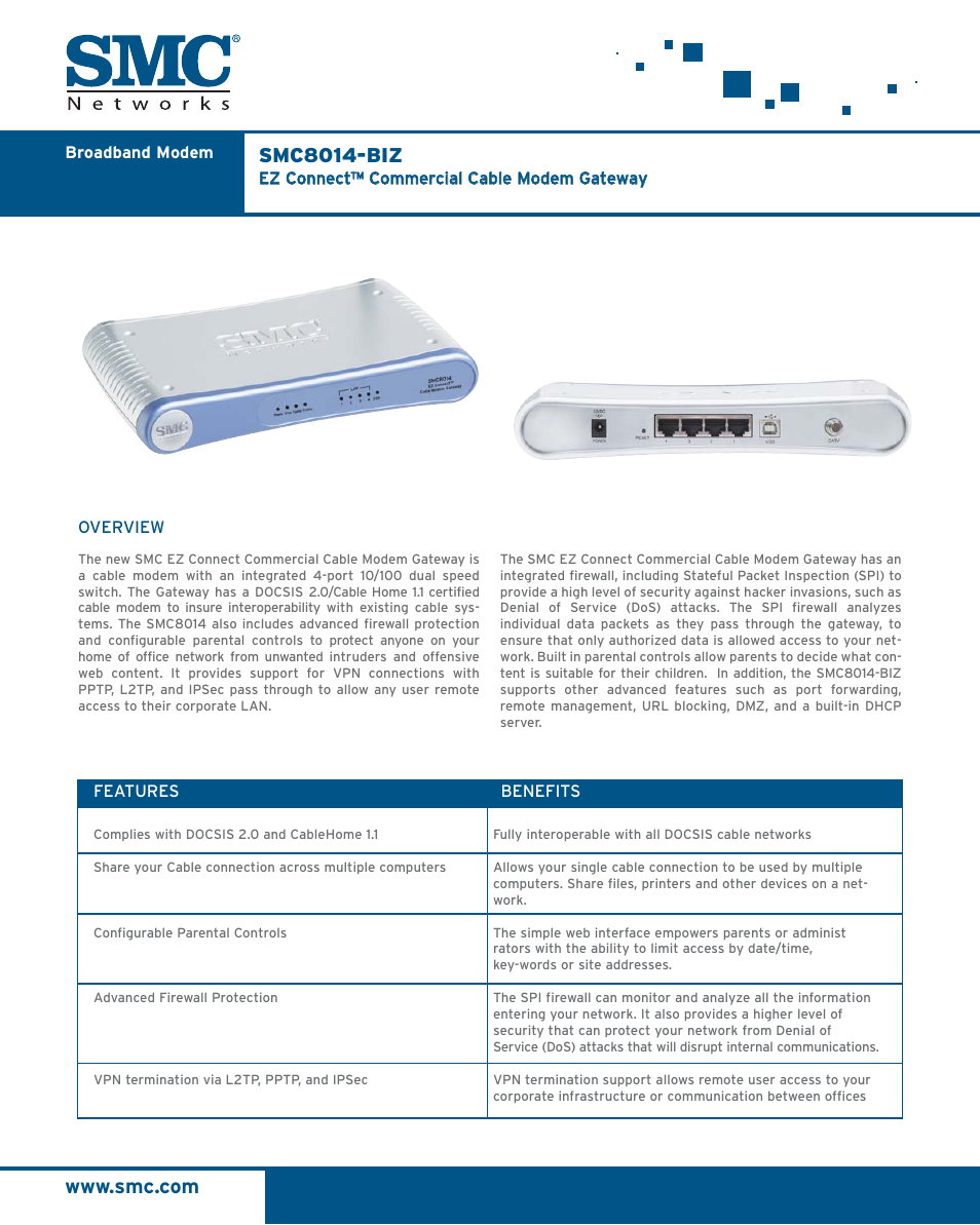 SMC Networks EZ Connect Commercial Cable Modem Gateway SMC8014-BIZ User Manual | 2 pages