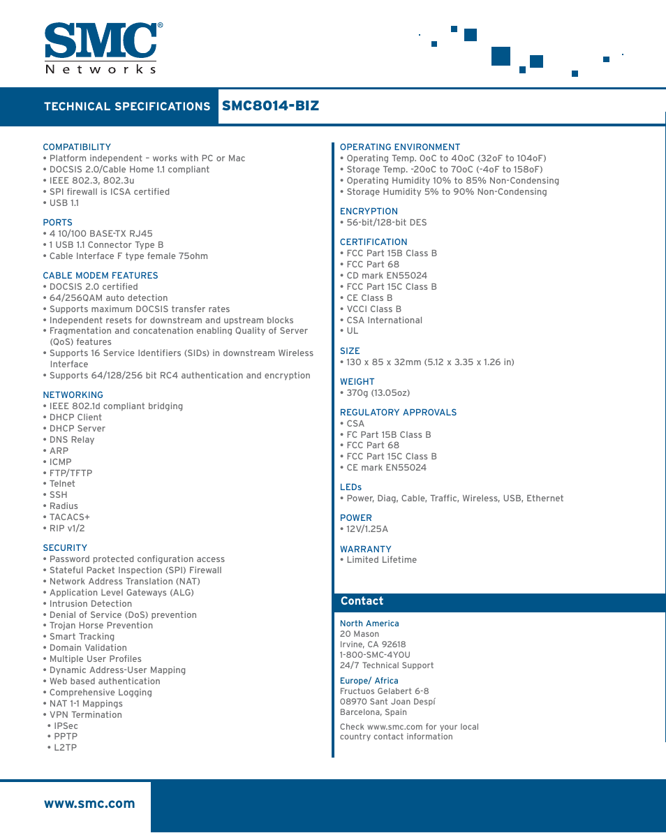 Smc8014-biz | SMC Networks EZ Connect Commercial Cable Modem Gateway SMC8014-BIZ User Manual | Page 2 / 2