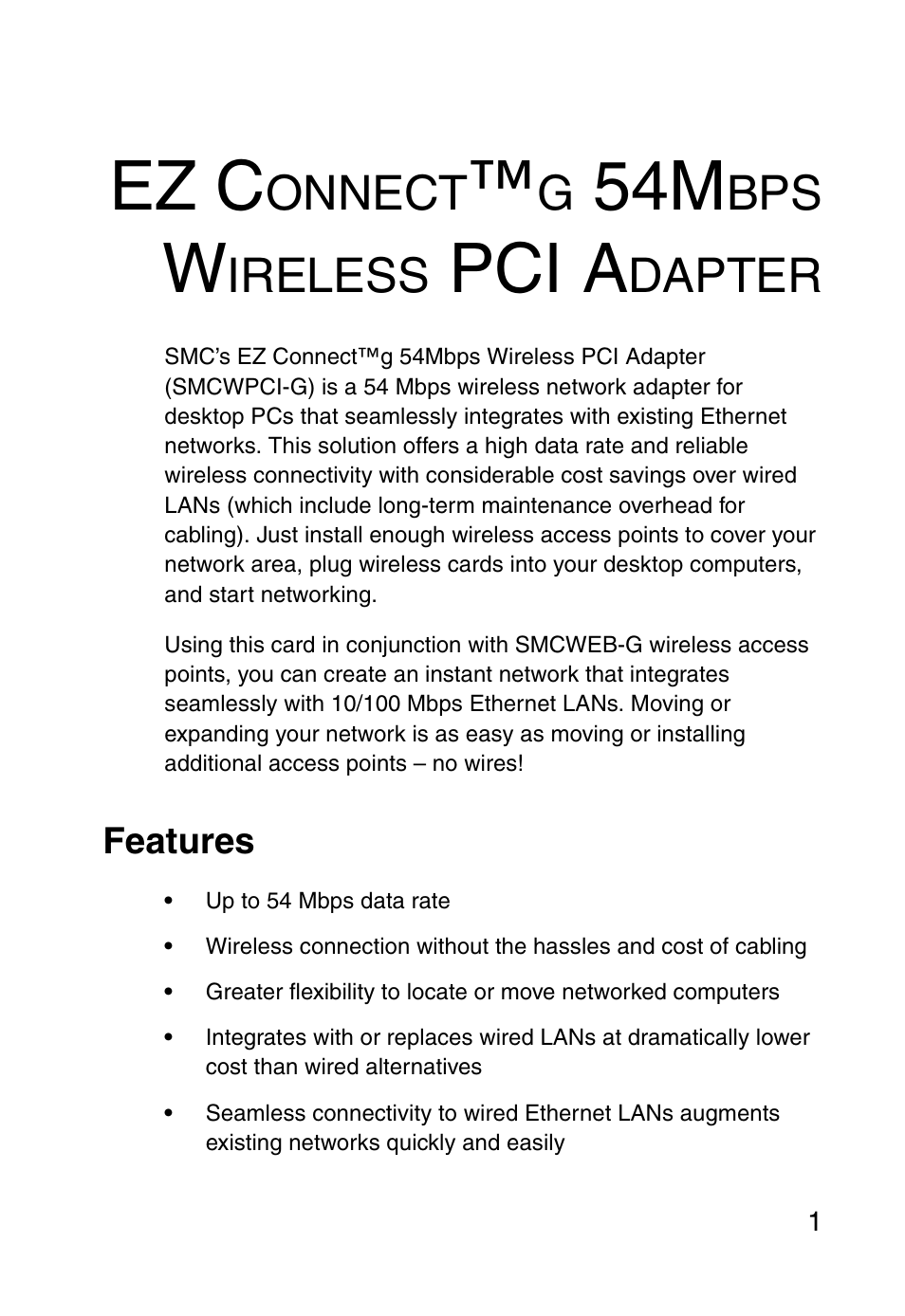 Ez connect™g 54mbps wireless pci adapter, Features, Ez connect™g wlan pci adapter | Ez c, Pci a, Onnect, Ireless, Dapter | SMC Networks SMC EZ Connect g SMCWPCI-G User Manual | Page 11 / 50