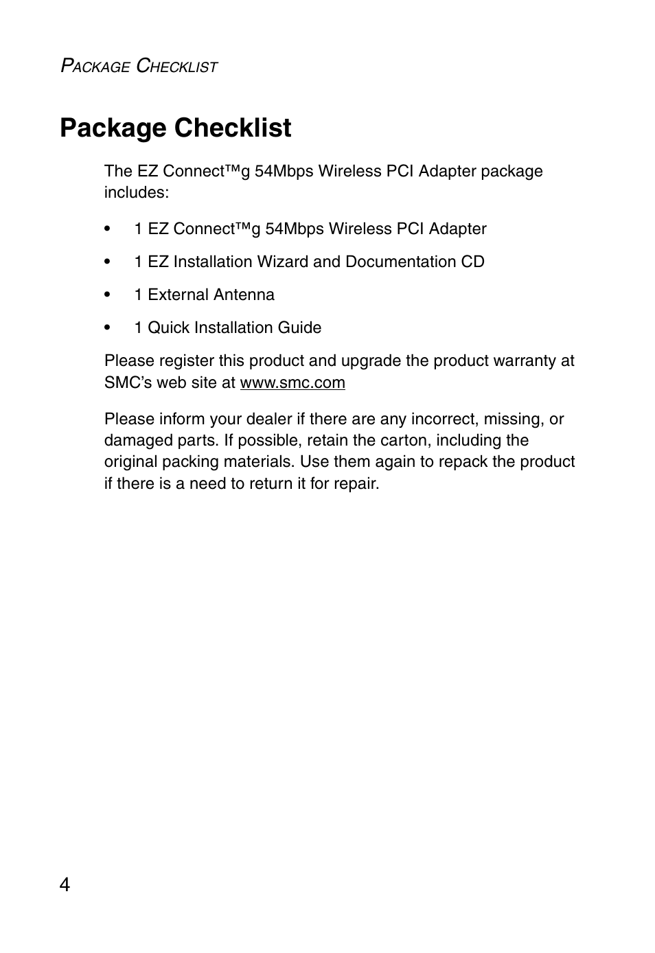 Package checklist | SMC Networks SMC EZ Connect g SMCWPCI-G User Manual | Page 14 / 50