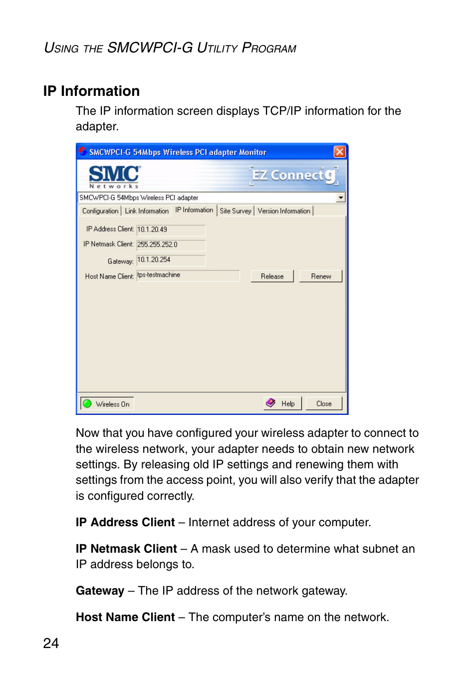 Ip information, Smcwpci-g u, 24 ip information | SMC Networks SMC EZ Connect g SMCWPCI-G User Manual | Page 34 / 50