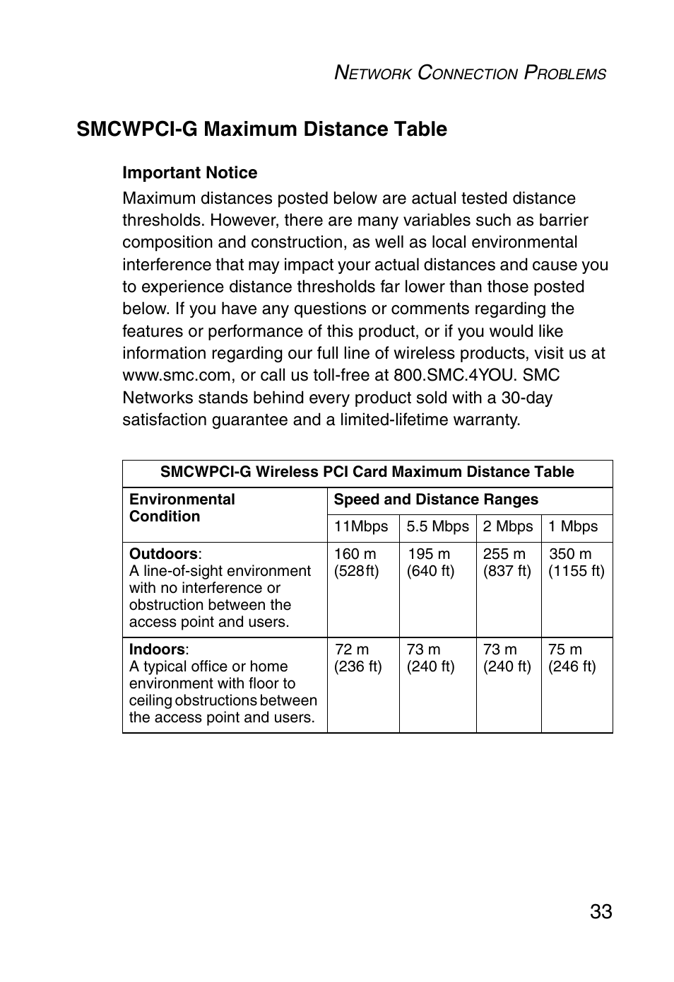 Smcwpci-g maximum distance table, 33 smcwpci-g maximum distance table | SMC Networks SMC EZ Connect g SMCWPCI-G User Manual | Page 43 / 50