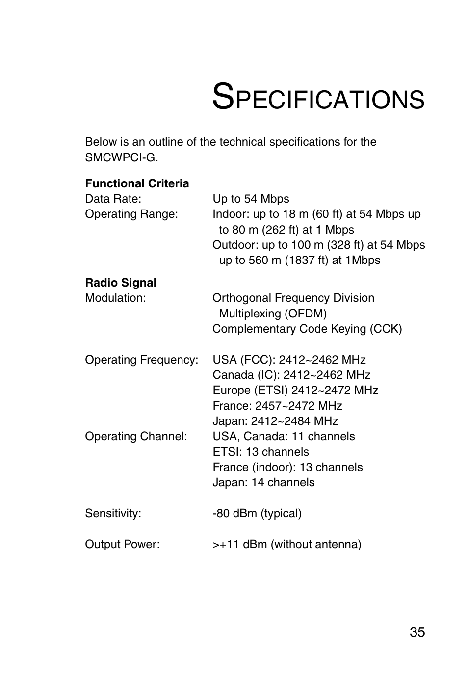 Specifications, Pecifications | SMC Networks SMC EZ Connect g SMCWPCI-G User Manual | Page 45 / 50