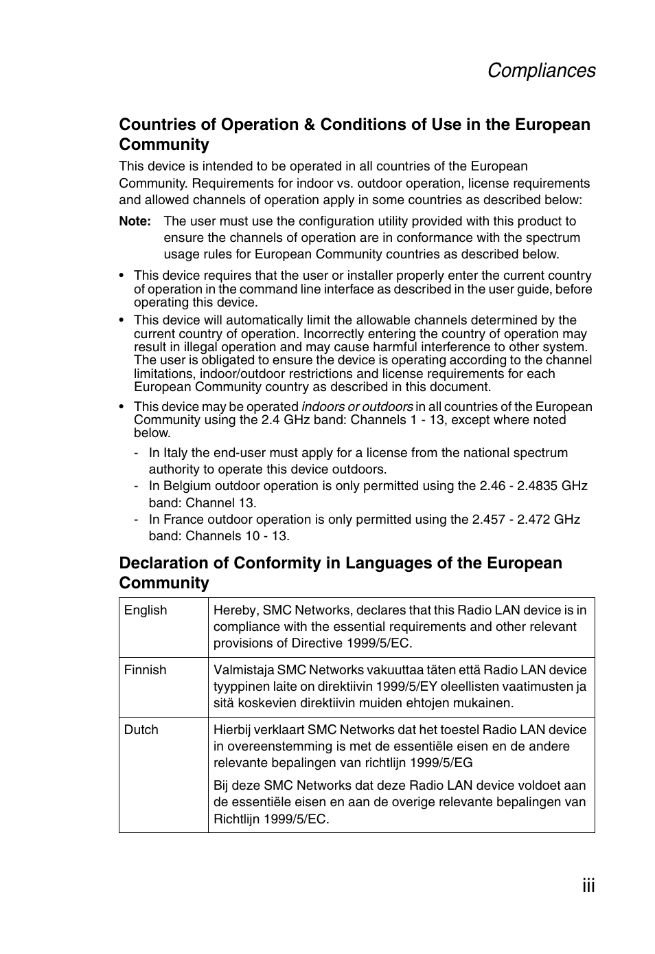Compliances iii | SMC Networks SMC EZ Connect g SMCWPCI-G User Manual | Page 7 / 50